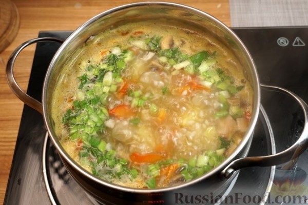 Постный рассольник с рисом и грибами