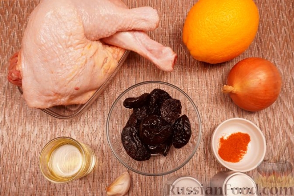 Куриные окорочка, запечённые с апельсином и черносливом