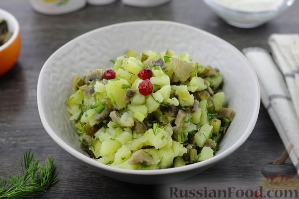 Салат с маринованными грибами и солёными огурцами