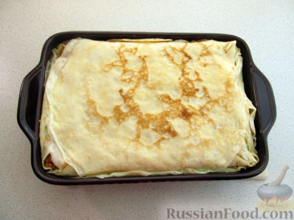 Лазанья из блинов, с мясом и сыром