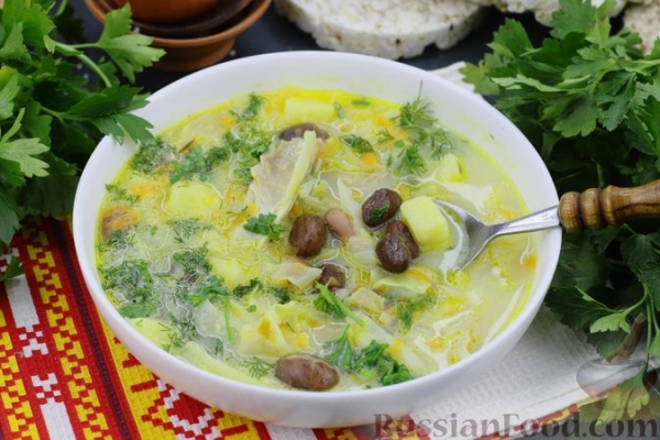 Сырный суп с капустой, фасолью и курицей