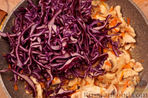Краснокочанная капуста, тушенная с курицей и грибами