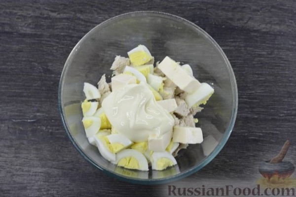 Закуска из ветчины с плавленым сыром и курицей
