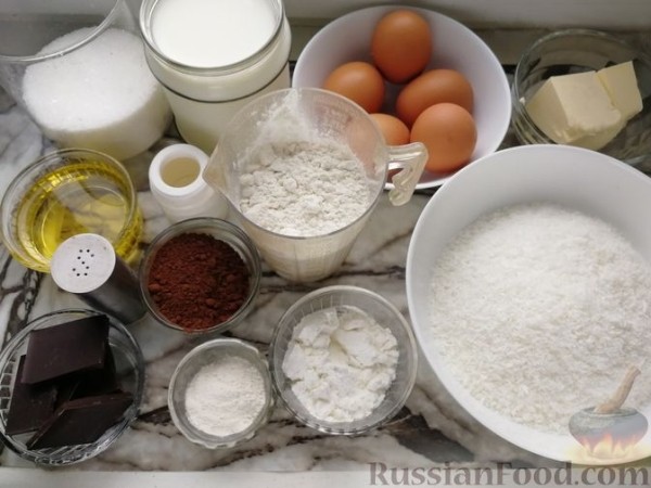 Пирог-торт "Баунти" с кокосовым заварным кремом и шоколадной глазурью