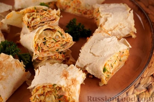 Закусочный рулет из лаваша "Мимоза"