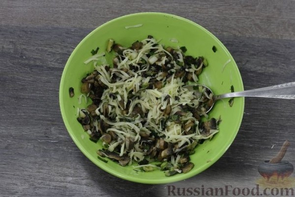 Пирог из рубленого теста с зелёным луком, грибами и сыром