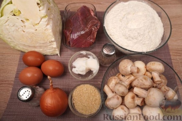 Лазанки, запечённые с капустой, мясом и грибами