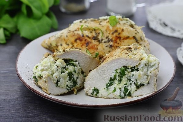 Кармашки из куриного филе с творогом, сыром и шпинатом (на сковороде)