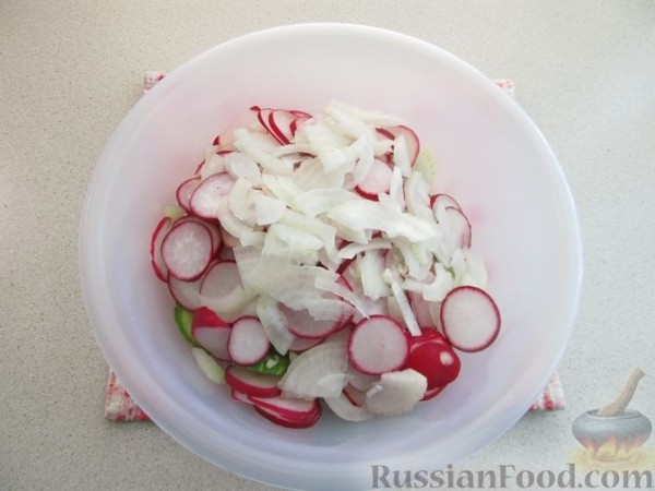Салат из огурцов, редиса, кукурузы и лука