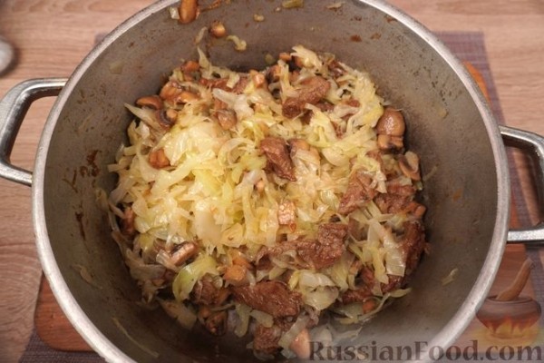 Лазанки, запечённые с капустой, мясом и грибами