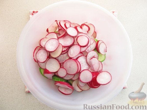 Салат из огурцов, редиса, кукурузы и лука