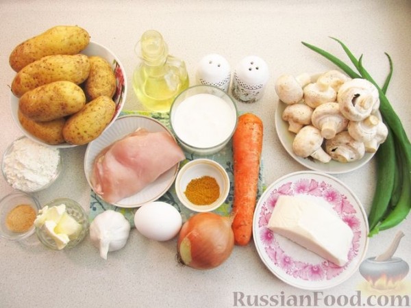 Картофельные драники с курицей, грибами и сыром