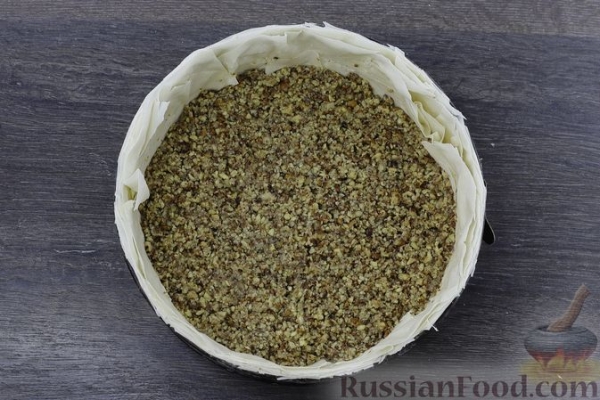 Чизкейк из теста фило, с творогом, сливочным сыром, вишней и орехами