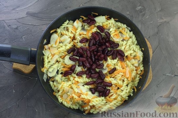 Макароны с грибами и фасолью (на сковороде)
