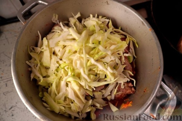 Свиные рёбра, тушенные с капустой, фасолью и помидорами