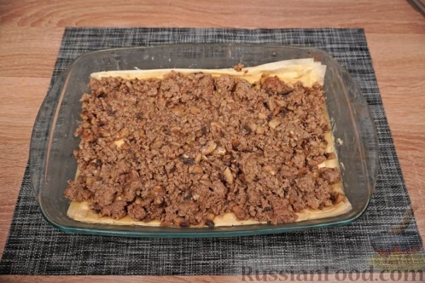 Бугаца с фаршем и грибами (пирог из теста фило)