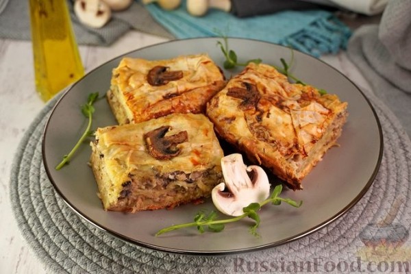 Бугаца с фаршем и грибами (пирог из теста фило)