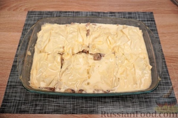 Бугаца с фаршем и грибами (пирог из теста фило)