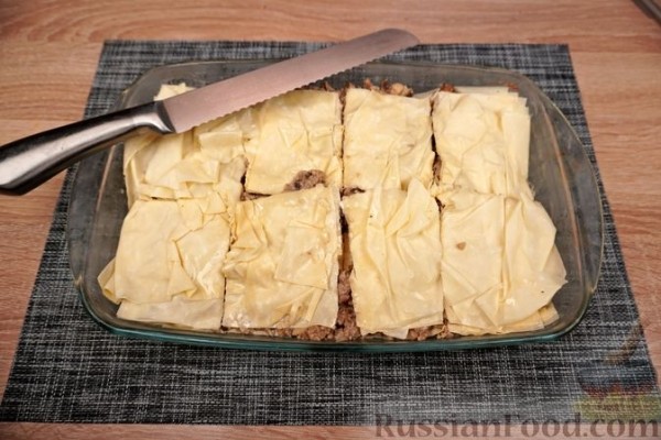 Бугаца с фаршем и грибами (пирог из теста фило)