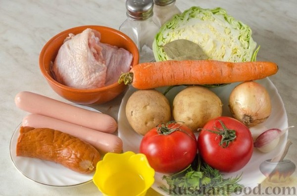 Щи с копченой колбасой и сосисками