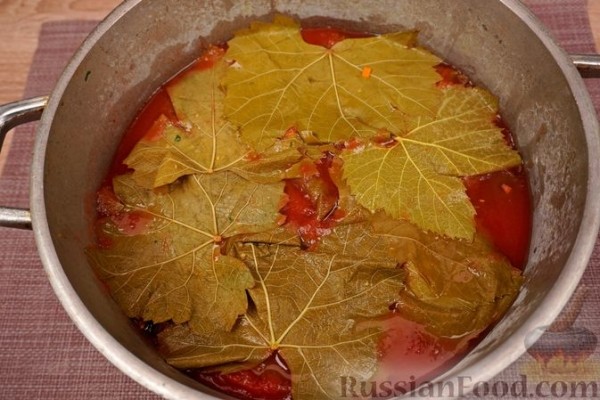 Голубцы из виноградных листьев с кукурузной крупой, грибами и овощами