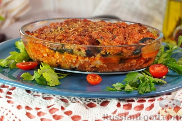 Мусака из запечённых баклажанов, с мясным фаршем