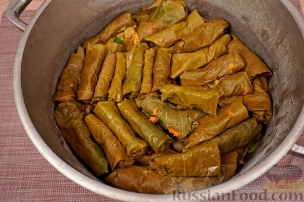 Голубцы из виноградных листьев с кукурузной крупой, грибами и овощами