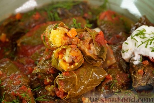 Голубцы из виноградных листьев с кукурузной крупой, грибами и овощами