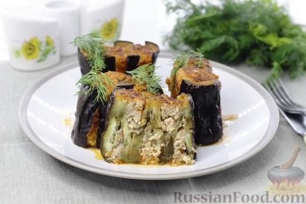 Баклажаны-гармошки с фаршем, тушенные в томатном соусе