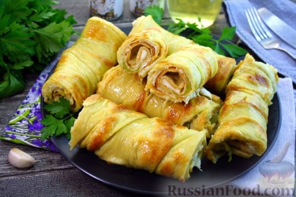 Блинные рулетики с кабачками и сыром (в духовке)