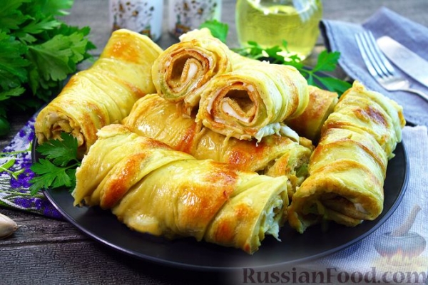 Блинные рулетики с кабачками и сыром (в духовке)