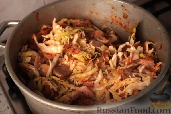 Бигос из молодой капусты с домашней колбасой и грибами