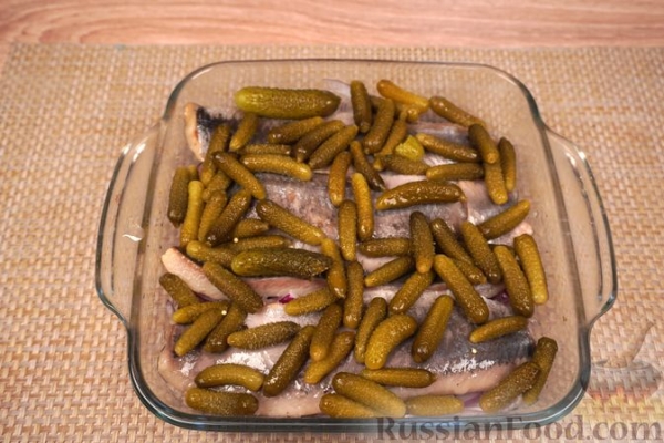 Пряная сельдь, маринованная с огурцами и луком
