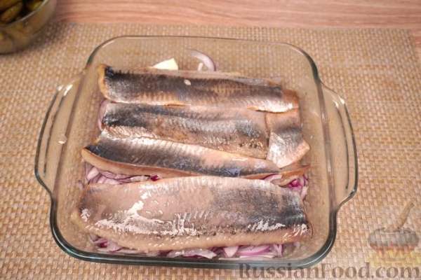 Пряная сельдь, маринованная с огурцами и луком