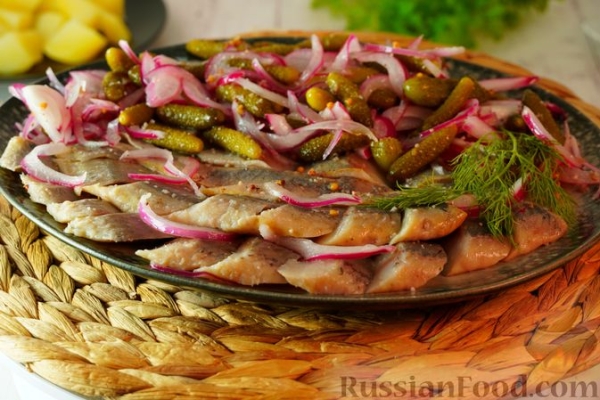 Пряная сельдь, маринованная с огурцами и луком