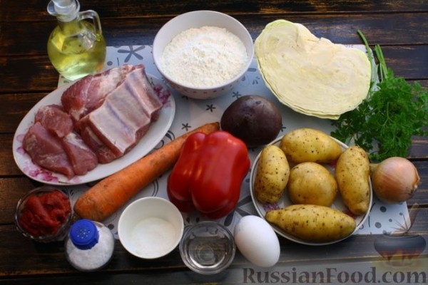 Борщ полтавский с галушками и свиными рёбрышками Борщ полтавский с галушками и свиными рёбрышками