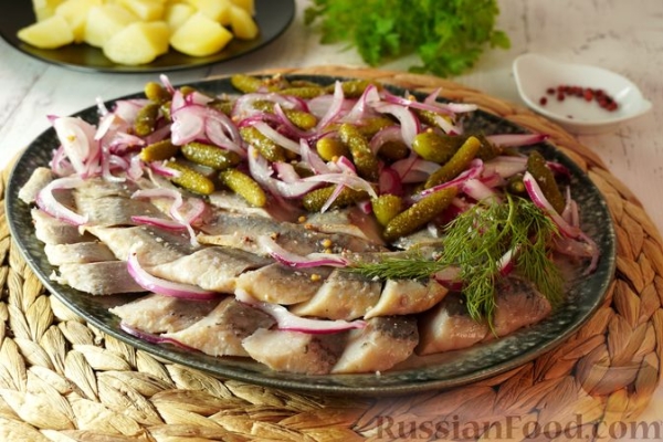 Пряная сельдь, маринованная с огурцами и луком
