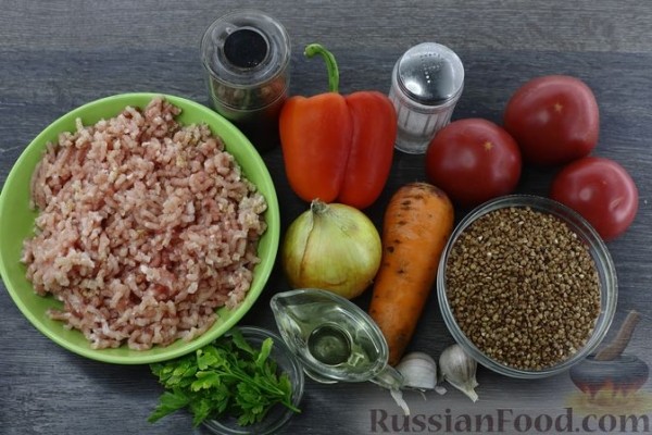 Гречка с фаршем, помидорами и сладким перцем (на сковороде)