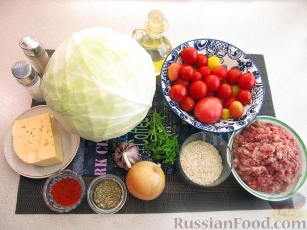 Запеканка из капусты, с фаршем, рисом и сыром